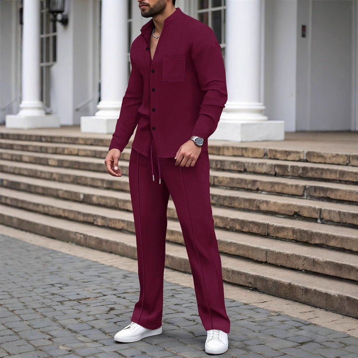 Men's Casual Shirt-Pant Lounge Set Made of Textured Cotton Blend Mune Fashion