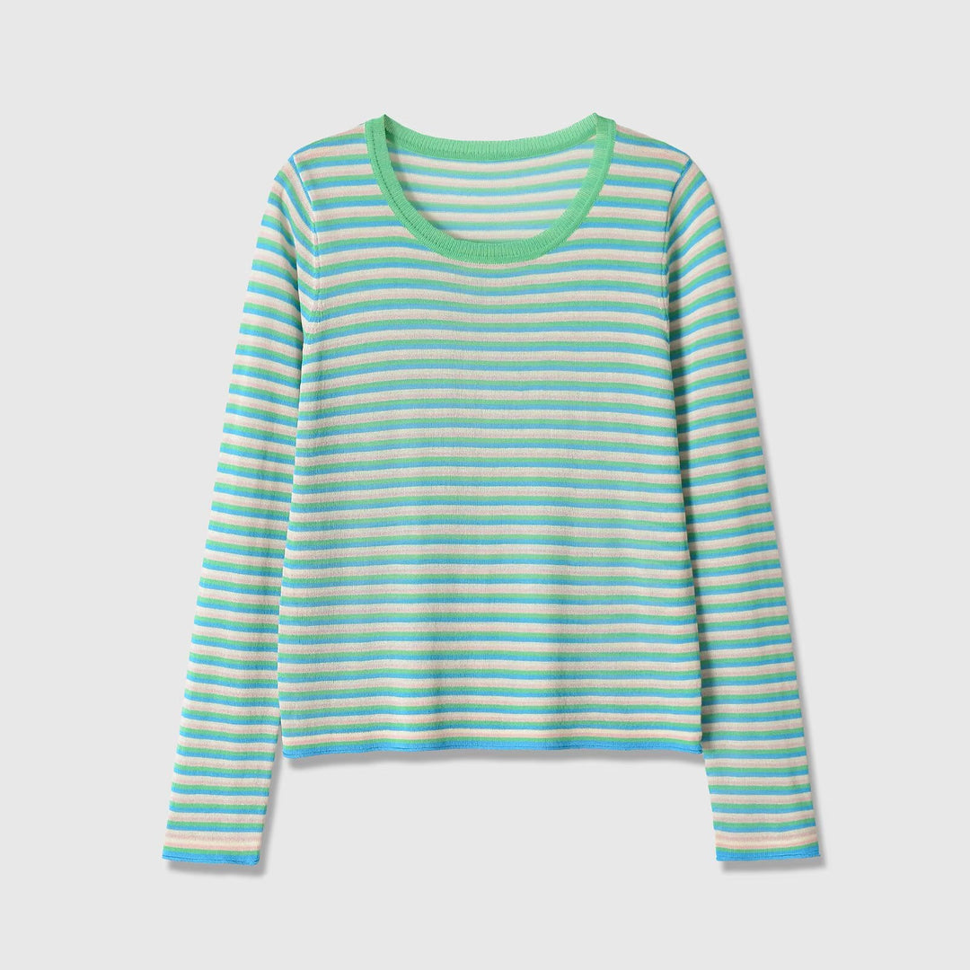 Women's Striped Fine Knit Long Sleeve with Round Neck and Cropped Boxy Cut Mune Fashion