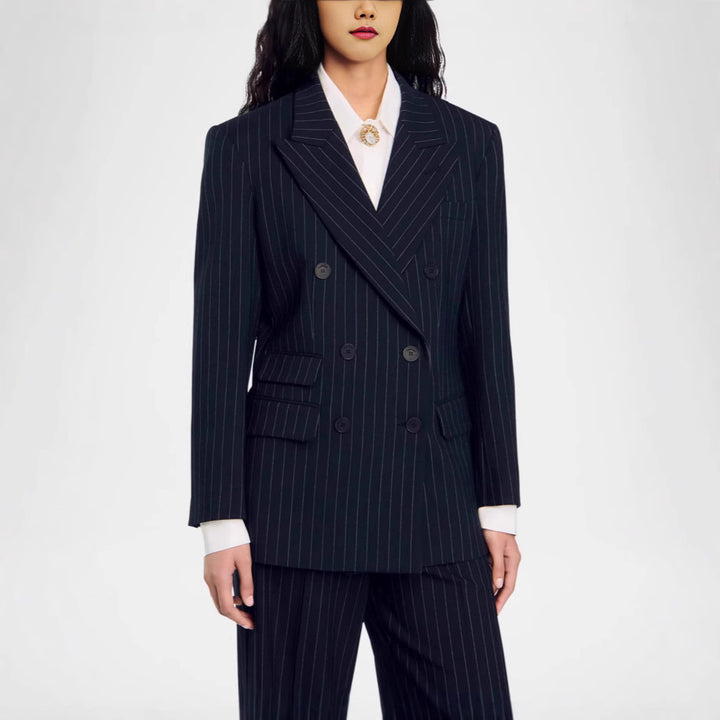 Women Double-Breasted Pinstripe Suit with Oversized Blazer and Wide Pleated Pants Mune Fashion