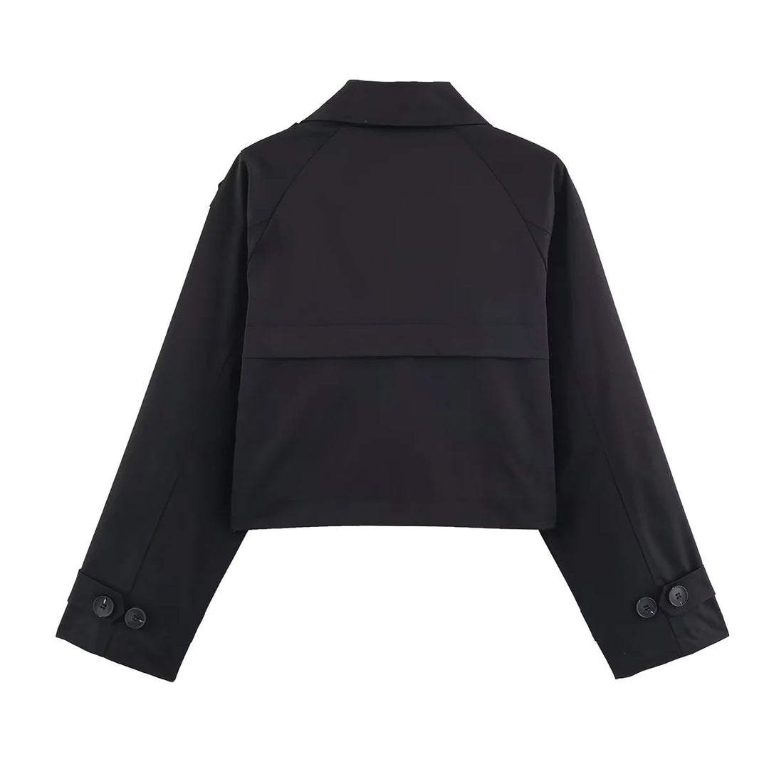 Women's cropped trench coat with double-breasted button placket, shoulder epaulettes, and adjustable cuffs Mune Fashion