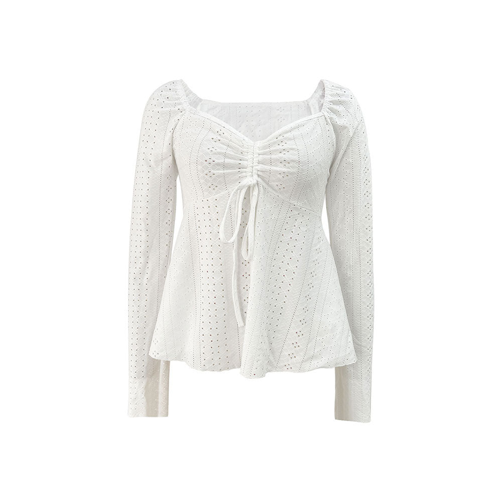 Women embroidered Broderie-Anglaise long sleeve top with gathering, V-neck effect and tailored peplum Mune Fashion