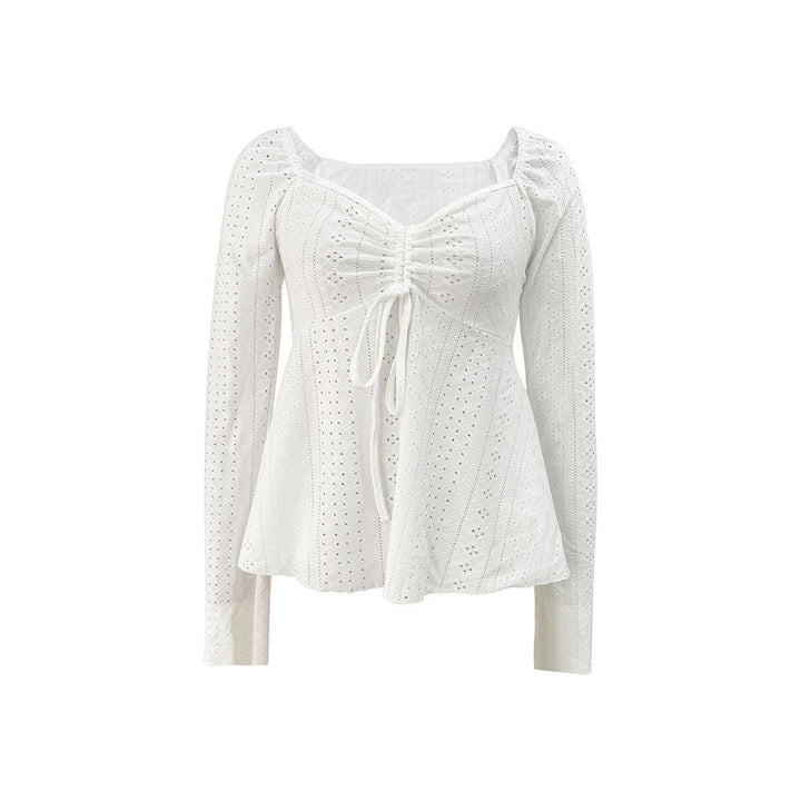 Women embroidered Broderie-Anglaise long sleeve top with gathering, V-neck effect and tailored peplum Mune Fashion
