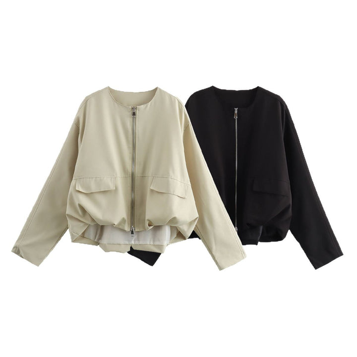 Women Lightweight Cropped Bomber Jacket with Round Neck, Two-Way Zipper and Flap Pockets Mune Fashion