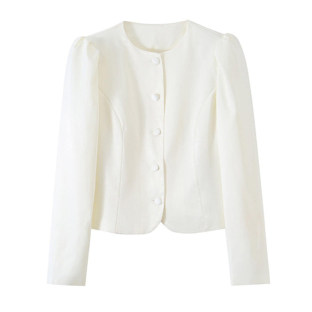 Women's Tailored Short Blazer with Puff Sleeves and Covered Buttons Mune Fashion