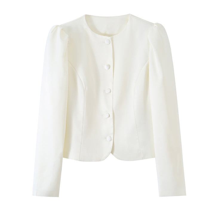 Women's Tailored Short Blazer with Puff Sleeves and Covered Buttons Mune Fashion