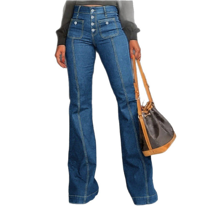 Ladies High-Waisted Flared Jeans with visible center seam, button closure, and patch front pockets Mune Fashion