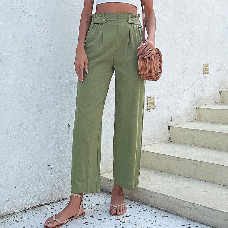 Women's High-Waisted Culotte Pants with Pleats, Button Tabulation and Wide Leg Mune Fashion
