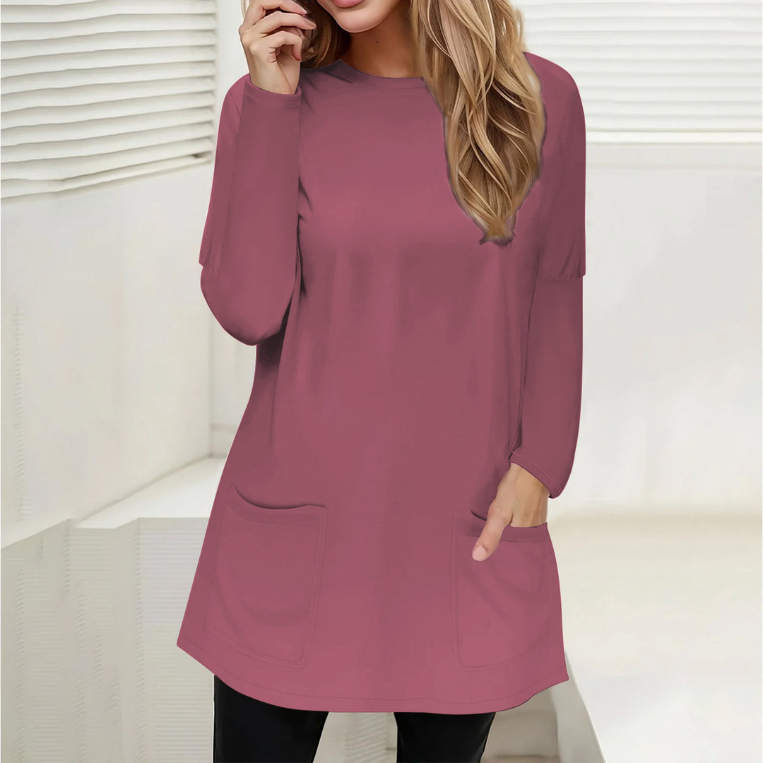 Ladies Casual Longline Tunic with Crew Neck and Patch Pockets Mune Fashion
