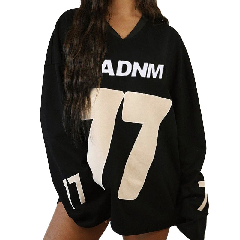 Damen Oversize Sport-Sweatshirt mit V-Ausschnitt und Statement-Print Mune Fashion