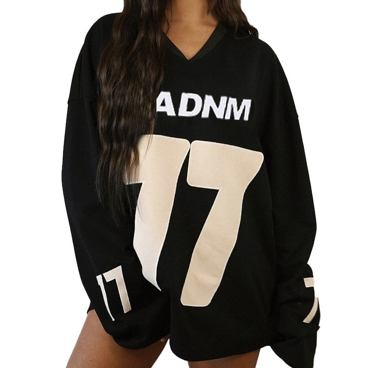 Damen Oversize Sport-Sweatshirt mit V-Ausschnitt und Statement-Print Mune Fashion