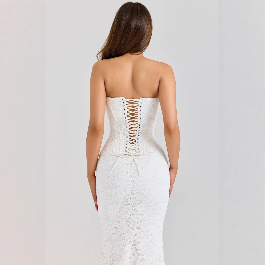 Women's two-piece lace corset set with reinforced bustier and figure-hugging mermaid skirt Mune Fashion