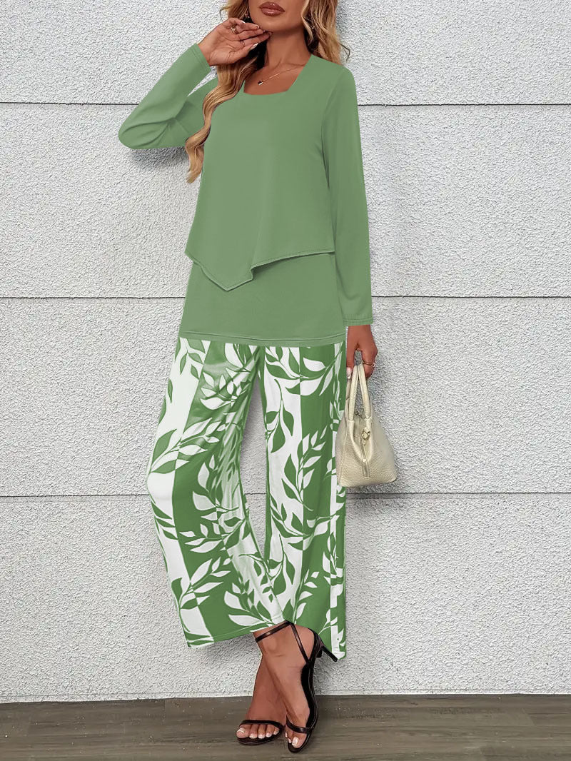 Ladies Two-Piece Lounge Set with Overlapping Long Sleeve and Wide Palazzo Pants Mune Fashion