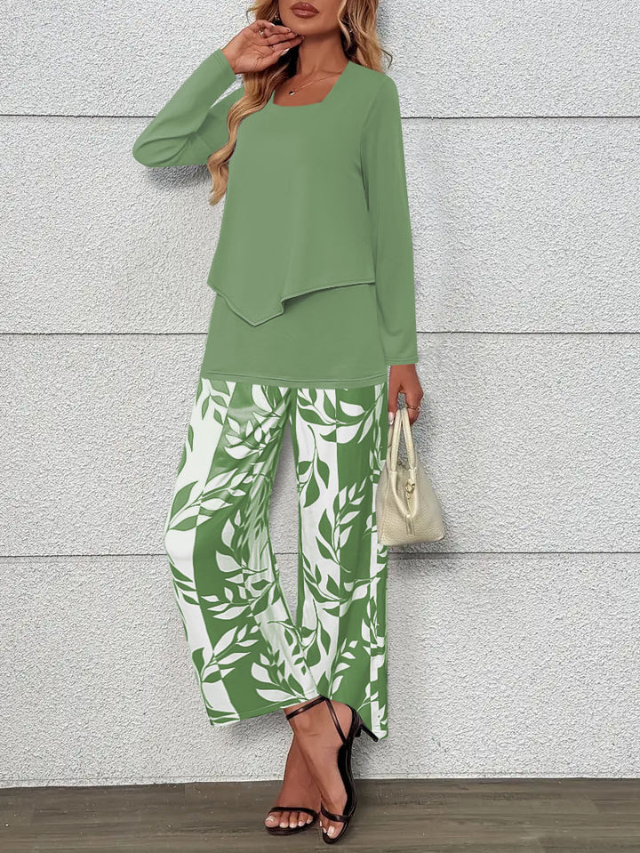 Ladies Two-Piece Lounge Set with Overlapping Long Sleeve and Wide Palazzo Pants Mune Fashion
