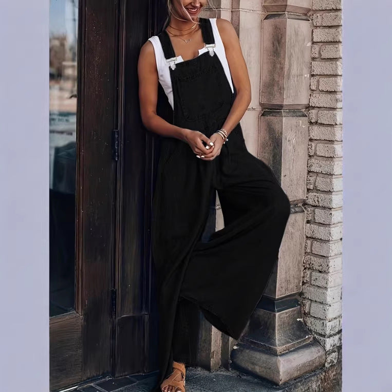 Women's Wide Denim Overall in Palazzo Cut with Adjustable Straps Mune Fashion