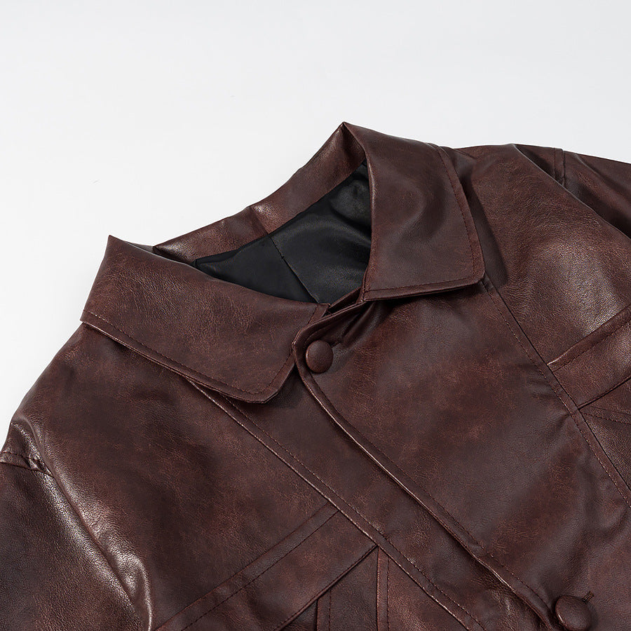 Women Short Cut Oversized Leather Jacket with Round Collar and Flap Pockets Mune Fashion