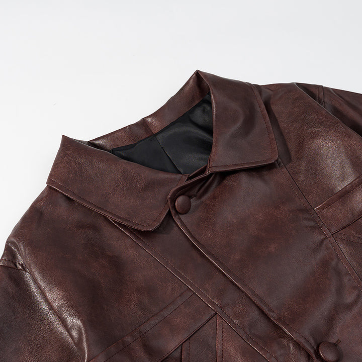 Women Short Cut Oversized Leather Jacket with Round Collar and Flap Pockets Mune Fashion