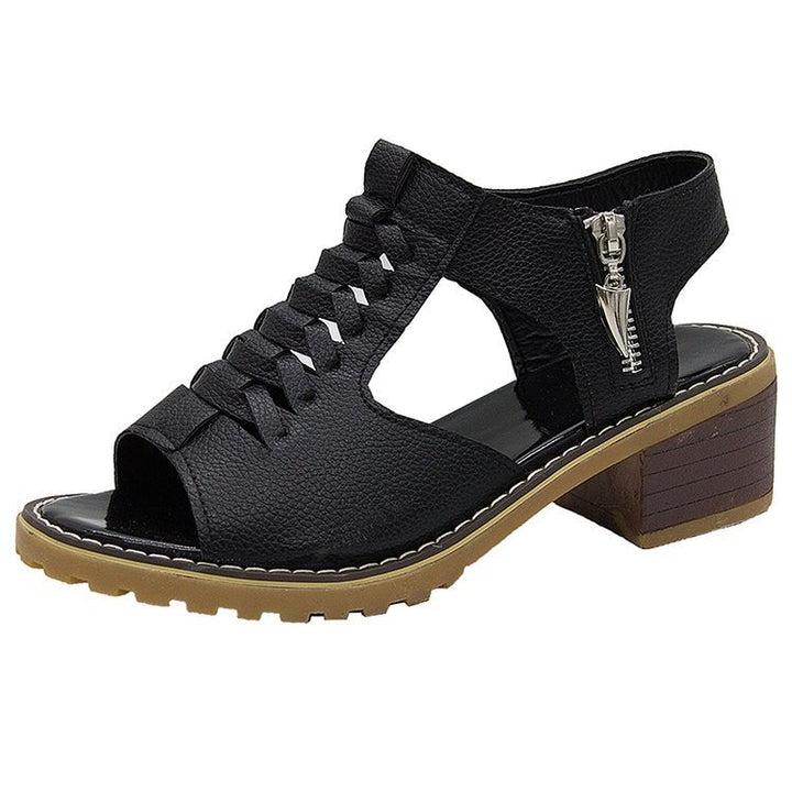 Women's Braided Leather Block Heel Sandal with Zipper and Padded Sole Mune Fashion