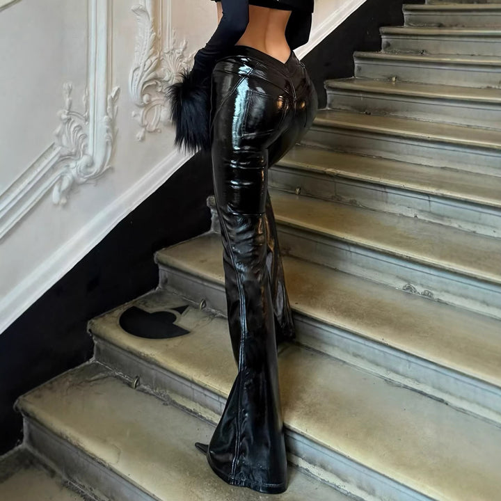 Women's High Gloss Flared Trousers made of Patent Imitation with High Waist and Figure-Hugging Thigh Fit Mune Fashion