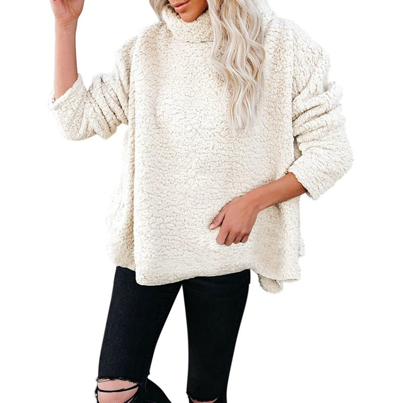 Women's Oversized Sherpa Pullover with High Roll Neck, Extended Back Hem and Casual Silhouette Mune Fashion