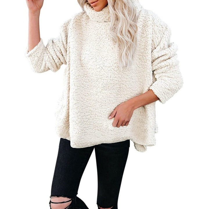 Women's Oversized Sherpa Pullover with High Roll Neck, Extended Back Hem and Casual Silhouette Mune Fashion
