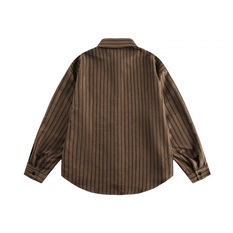 Unisex Loose-Fit Shirt with Vertical Pinstripe Structure, Patch Chest Pocket and Curved Hem Mune Fashion