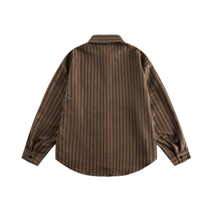 Unisex Loose-Fit Shirt with Vertical Pinstripe Structure, Patch Chest Pocket and Curved Hem Mune Fashion