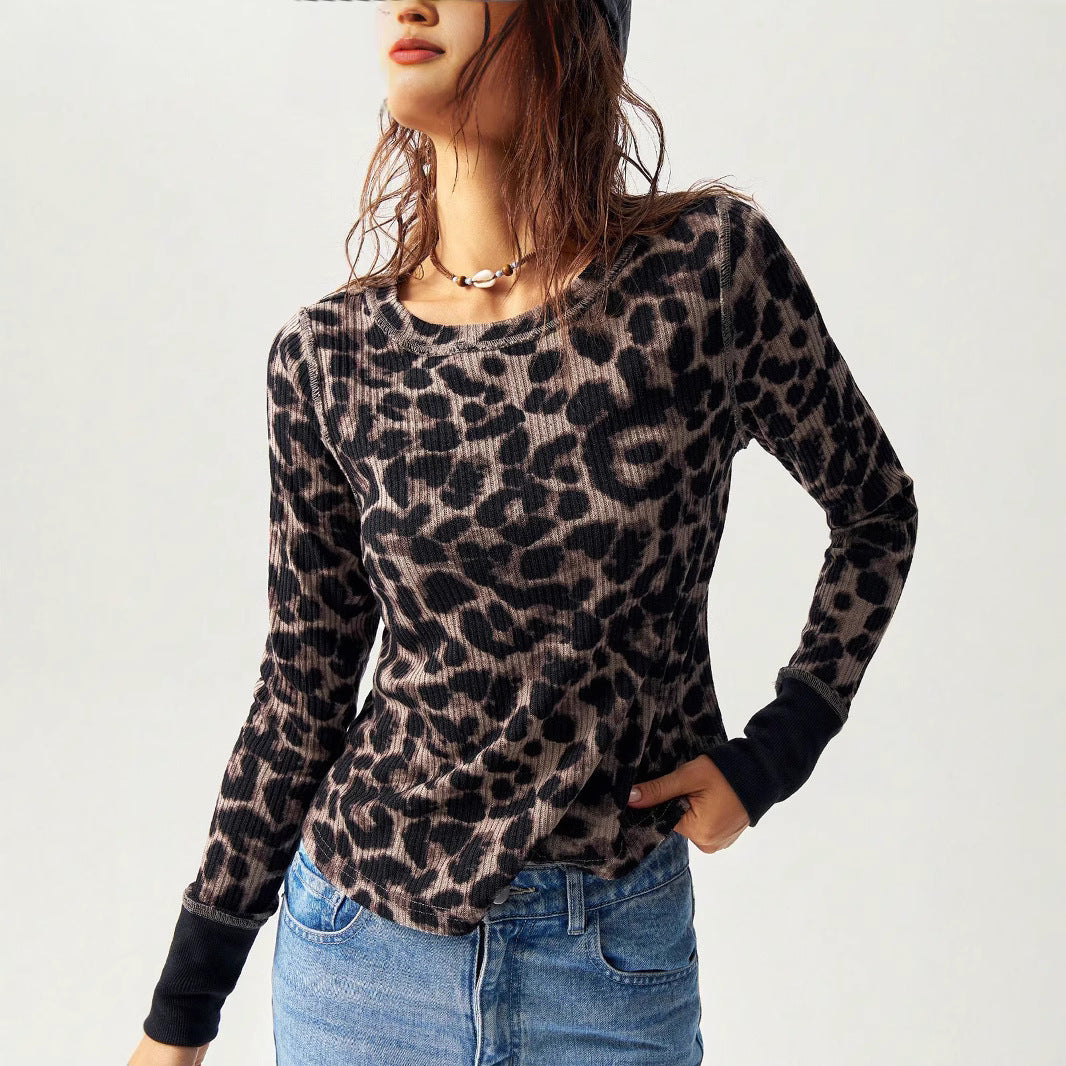 Women's Ribbed Thermal Long Sleeve with Allover Leopard Print and Contrast Cuffs Mune Fashion
