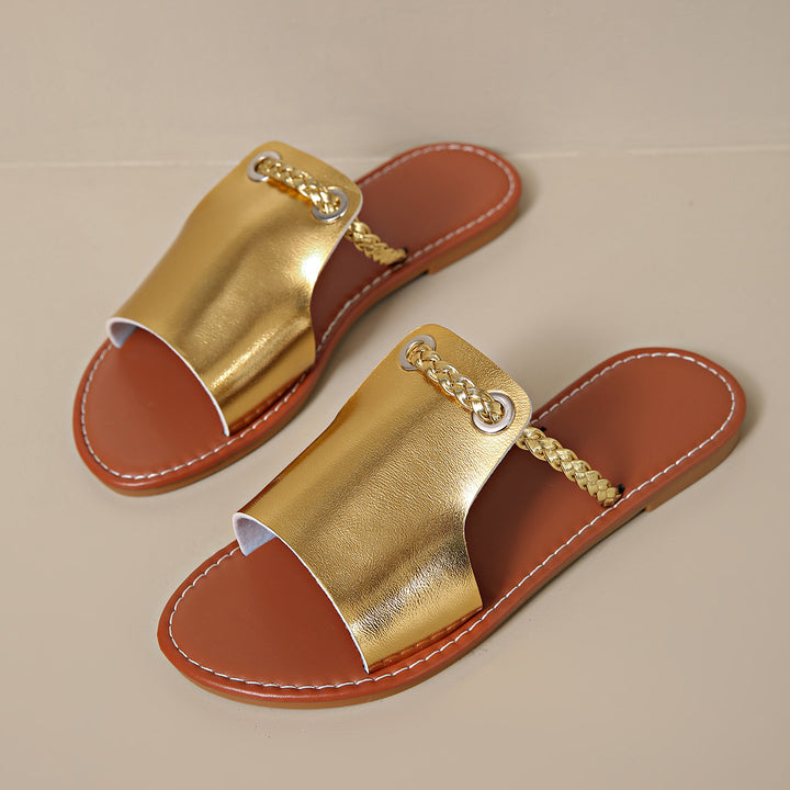 Women's elegant flat slide with wide upper material and braided toe strap Mune Fashion