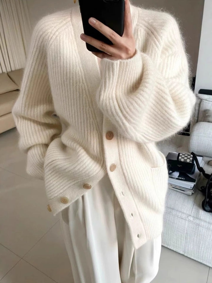 Women Long Oversized Cardigan made of soft ribbed knit with wooden button placket Mune Fashion