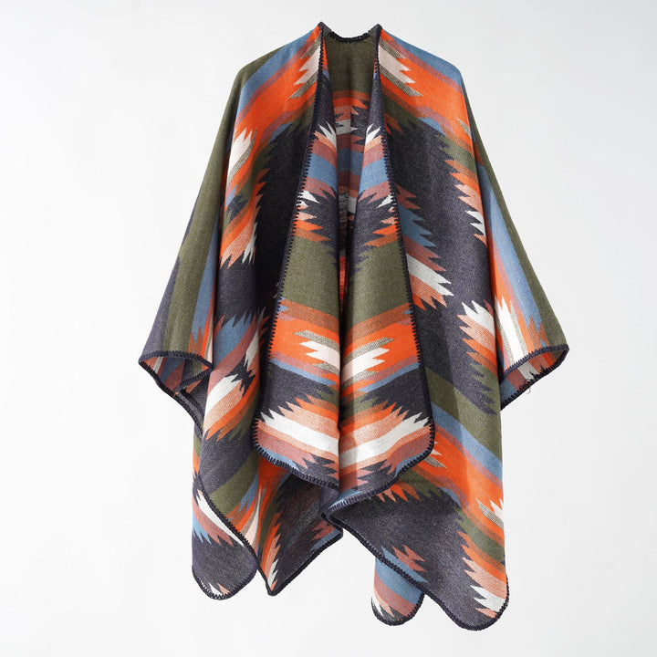 Women's wool-look ruana with graphic ethnic jacquard and decorative overlock seam Mune Fashion