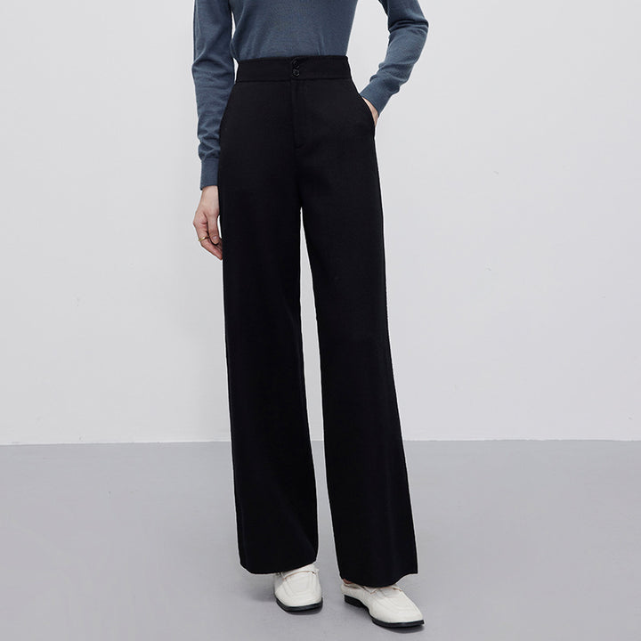 Women's High-Waisted Wool Blend Palazzo Pants with Straight Fall and Concealed Hook Closure Mune Fashion