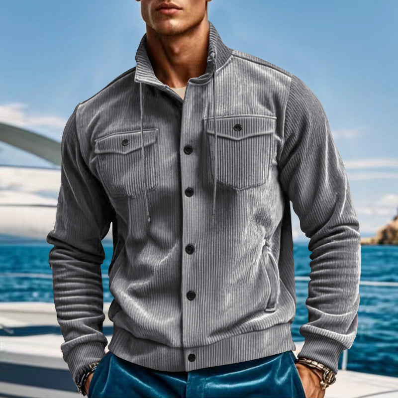Men's casual fine ribbed cord jacket with stand-up collar, chest pockets and elastic hem Mune Fashion