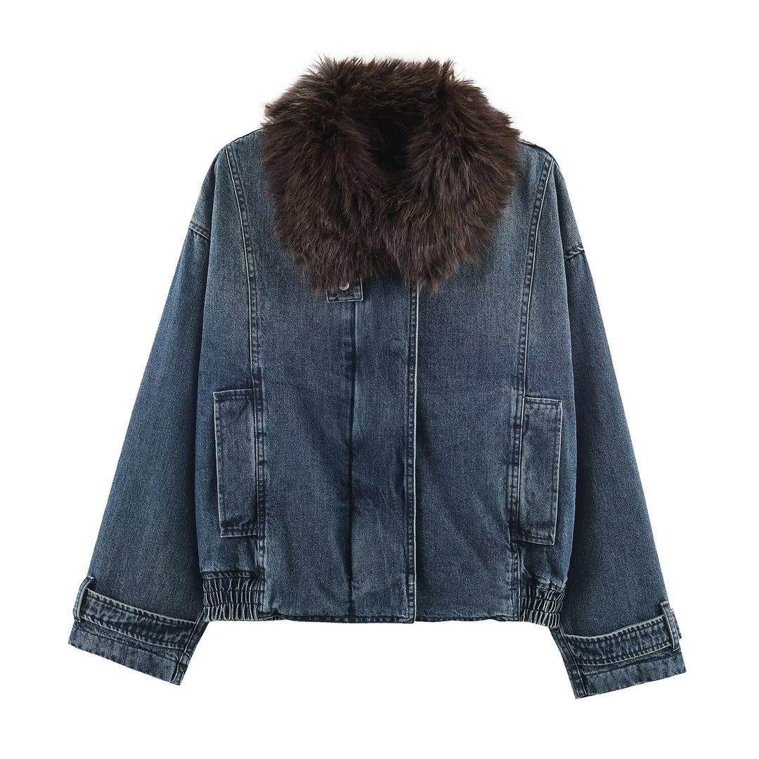Women's Oversized Denim Jacket with Voluminous Faux Fur Collar and Elastic Hem Mune Fashion