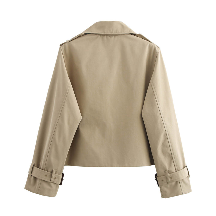 Ladies Cropped Trench Coat in Boxy Cut with Double Breasted and Cuff Straps Mune Fashion