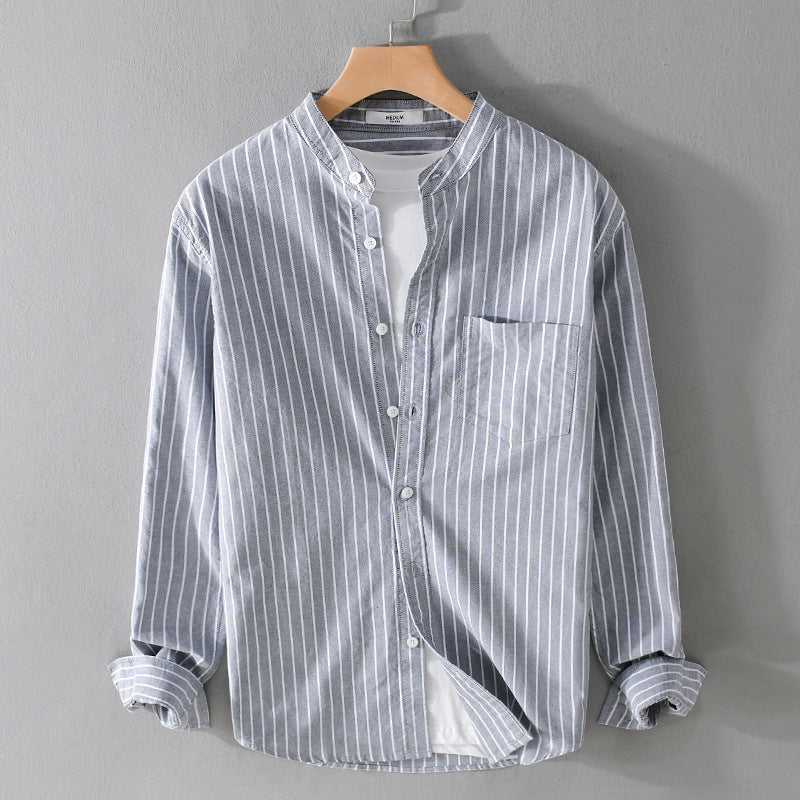 Men's Lightweight Stand Collar Long Sleeve Shirt made of Cotton Blend with Fine Pinstripe and Chest Pocket Mune Fashion