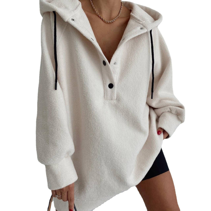 Women's cozy hooded fleece tunic sweatshirt with snap button placket and dropped shoulder Mune Fashion