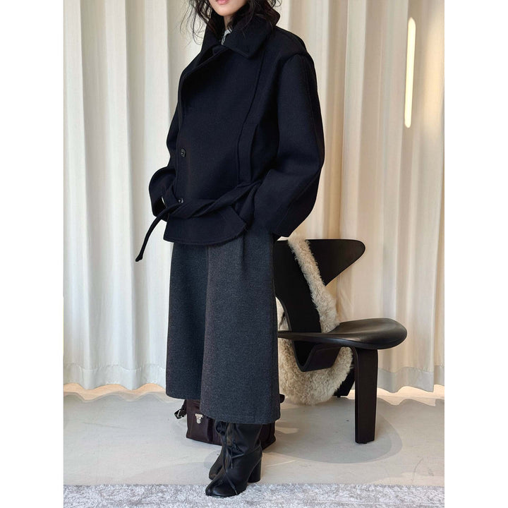 Women High-Waisted Culotte Pants made of Wool Blend with Pleat Mune Fashion