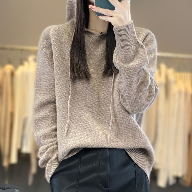 Women soft fine-knit hooded sweater with mottled texture and ribbed cuffs Mune Fashion