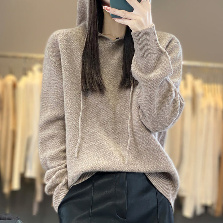 Women soft fine-knit hooded sweater with mottled texture and ribbed cuffs Mune Fashion