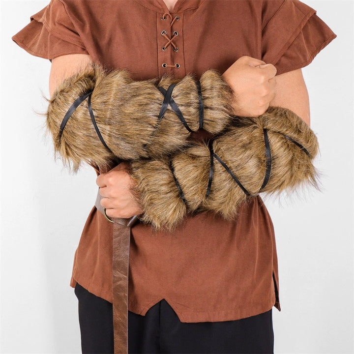Unisex Medieval Arm Warmers made of Faux Fur with Adjustable Leather Straps Mune Fashion