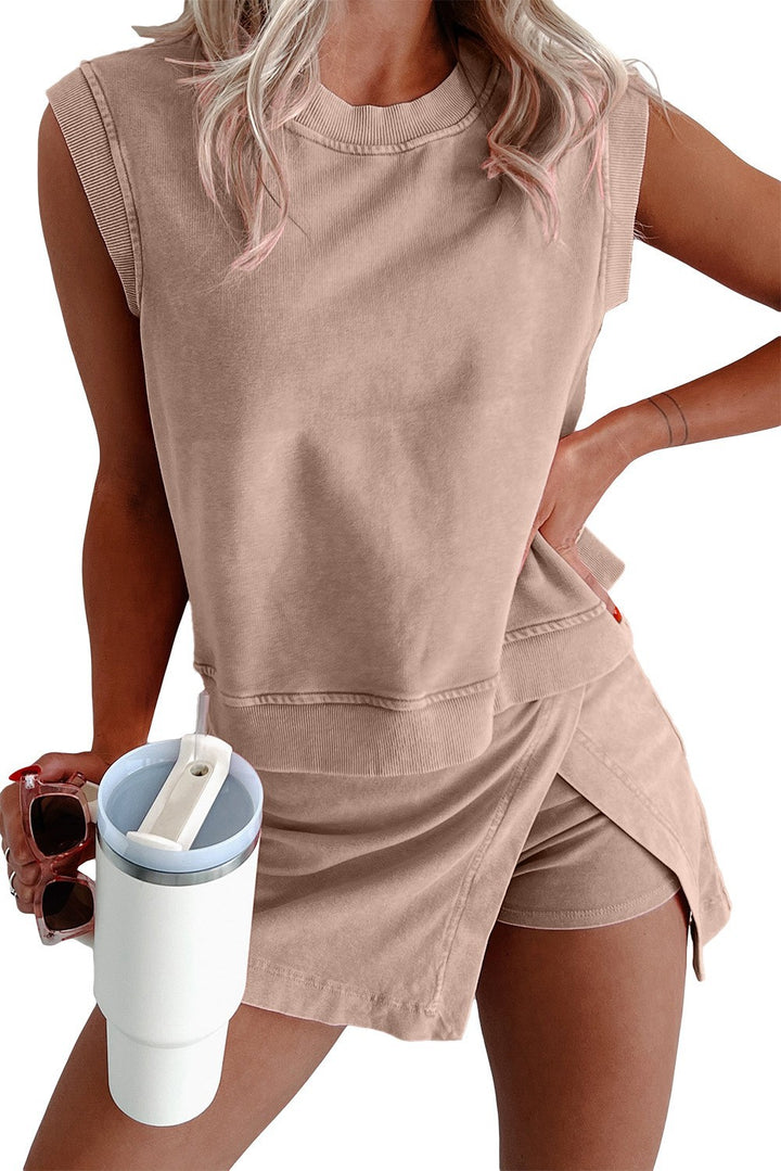 Women's casual jersey fabric two-piece set with sleeveless boxy top and wrap mini skirt with integrated shorts Mune Fashion
