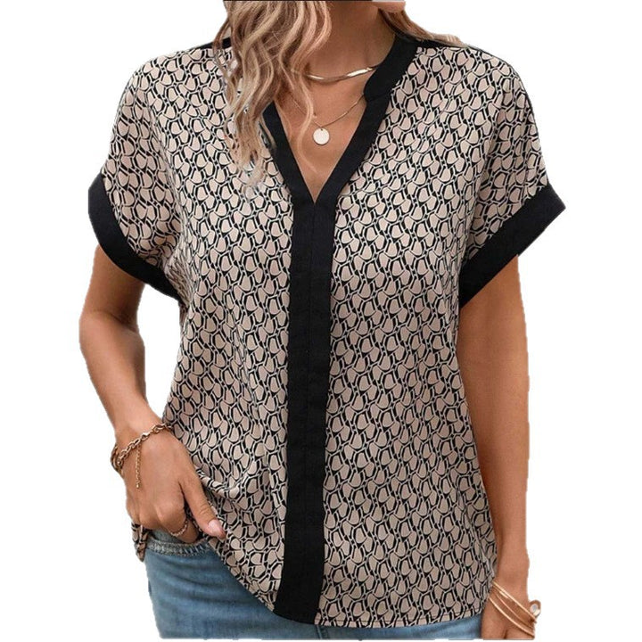 Ladies' light casual blouse in crepe look with V-neck and contrast piping Mune Fashion