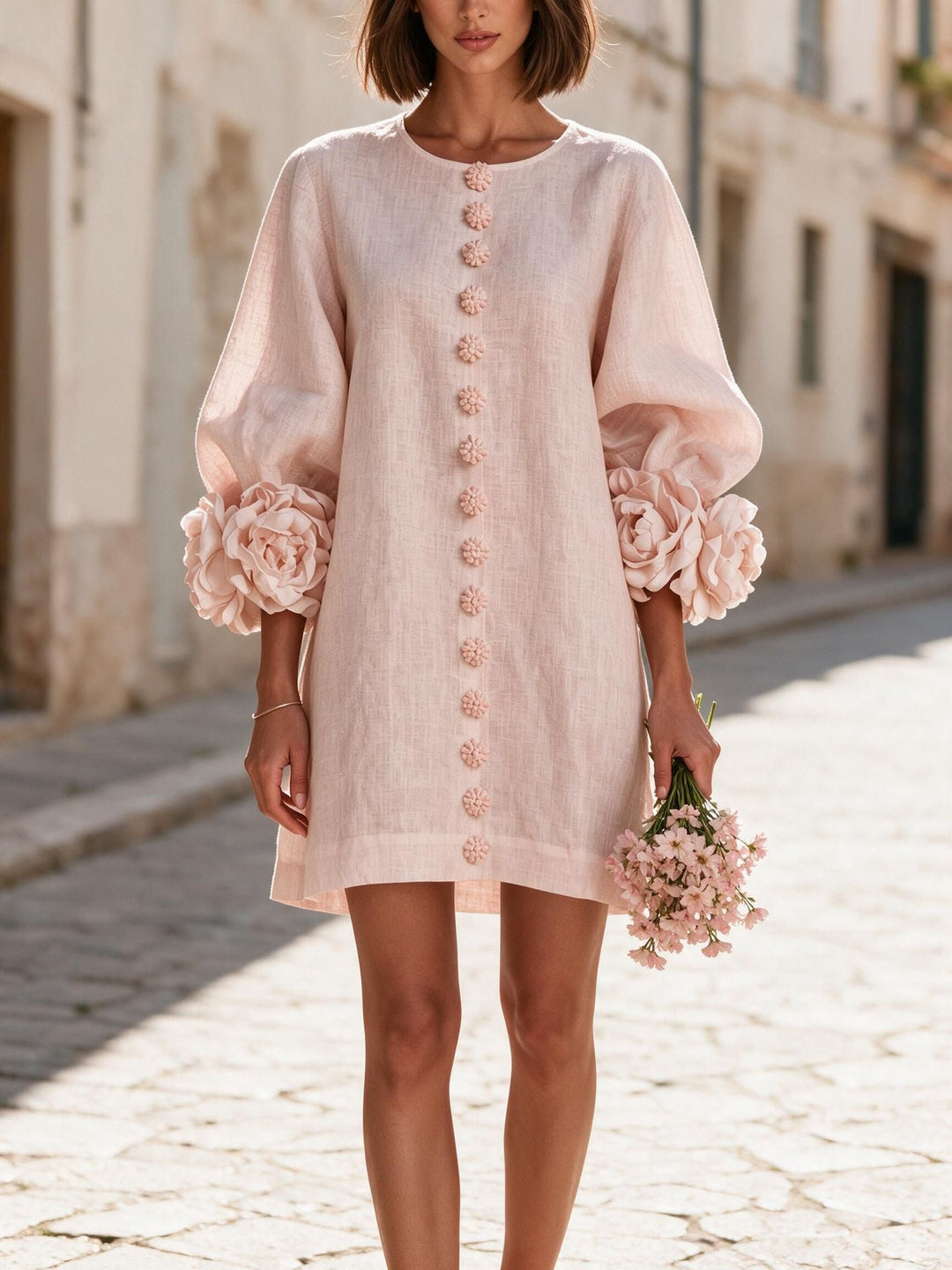 Ladies short dress made of linen with voluminous balloon sleeves and 3D flower cuffs Mune Fashion