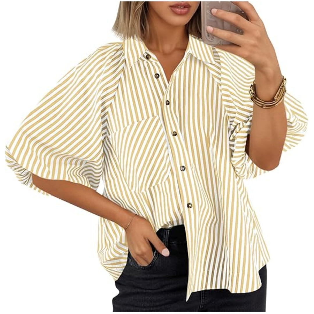 Women Oversize Shirt with Balloon Sleeves and Striped Pattern Mune Fashion
