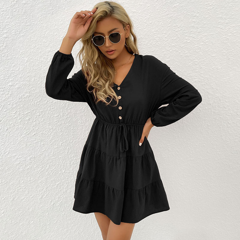 Women's Layered Viscose Mini Dress with Waist Cord and Button Detail Mune Fashion