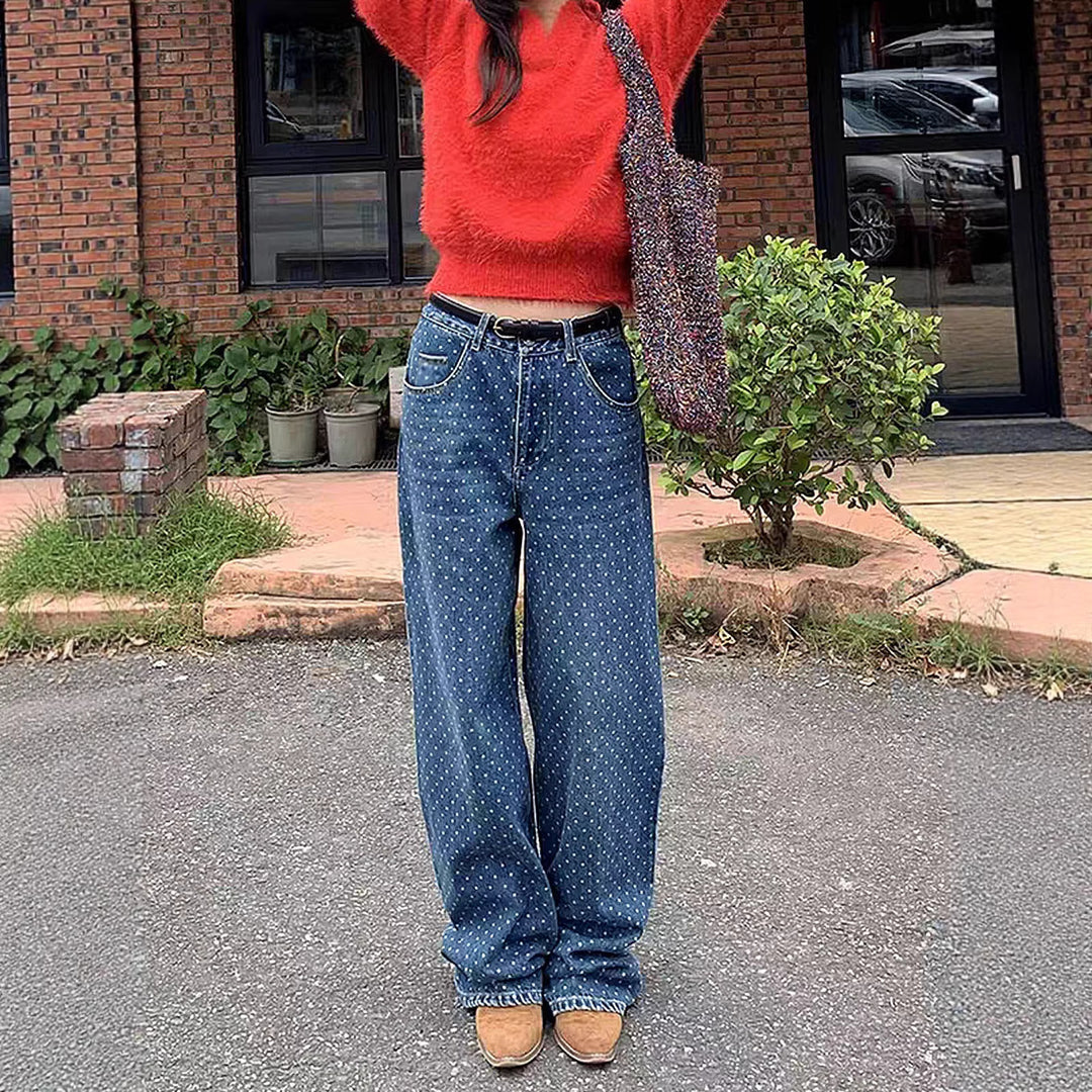 Women's high-waisted wide denim pants with continuous dot pattern and classic pocket design Mune Fashion