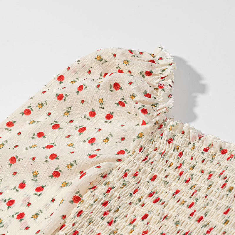 Women Smocked Cropped Top with Puff Sleeves and Floral Print Mune Fashion