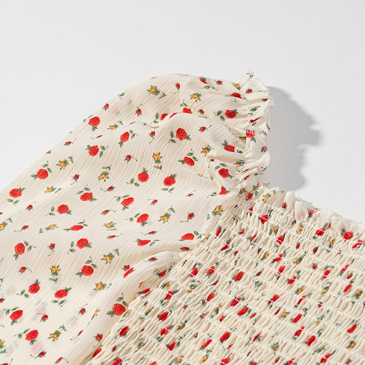 Women Smocked Cropped Top with Puff Sleeves and Floral Print Mune Fashion