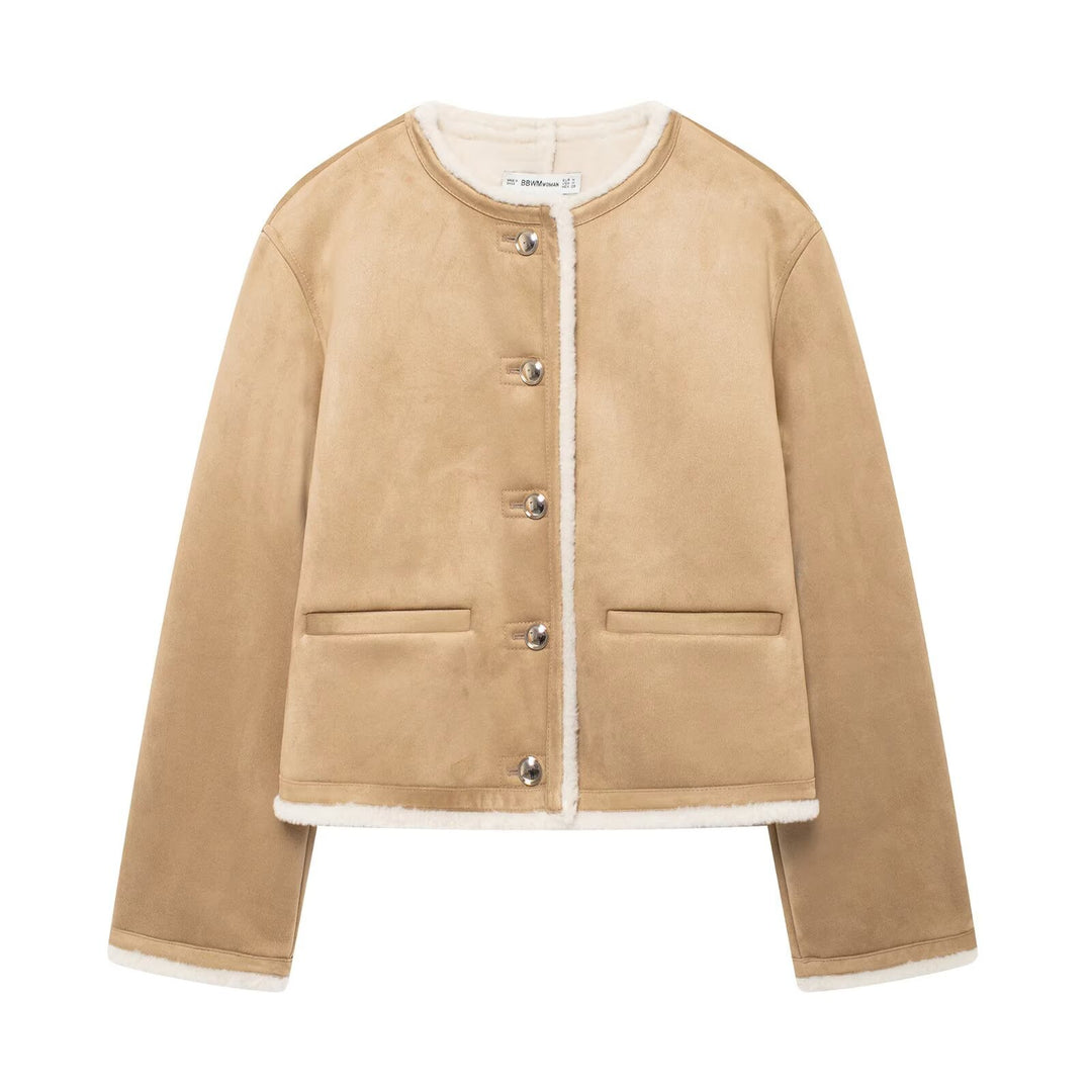 Women's Short Lambskin Look Cardigan Jacket made of Velour Imitation with Round Neck and Snap Buttons Mune Fashion