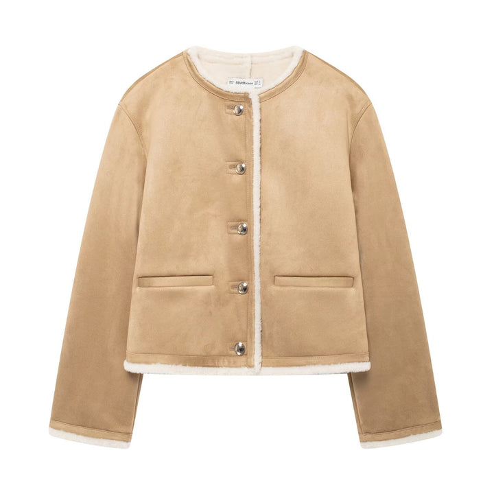 Women's Short Lambskin Look Cardigan Jacket made of Velour Imitation with Round Neck and Snap Buttons Mune Fashion